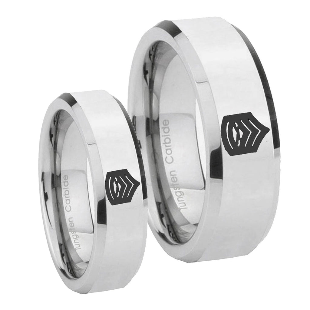 Army Sergeant Major Beveled Edges Silver Tungsten Wedding Band Set