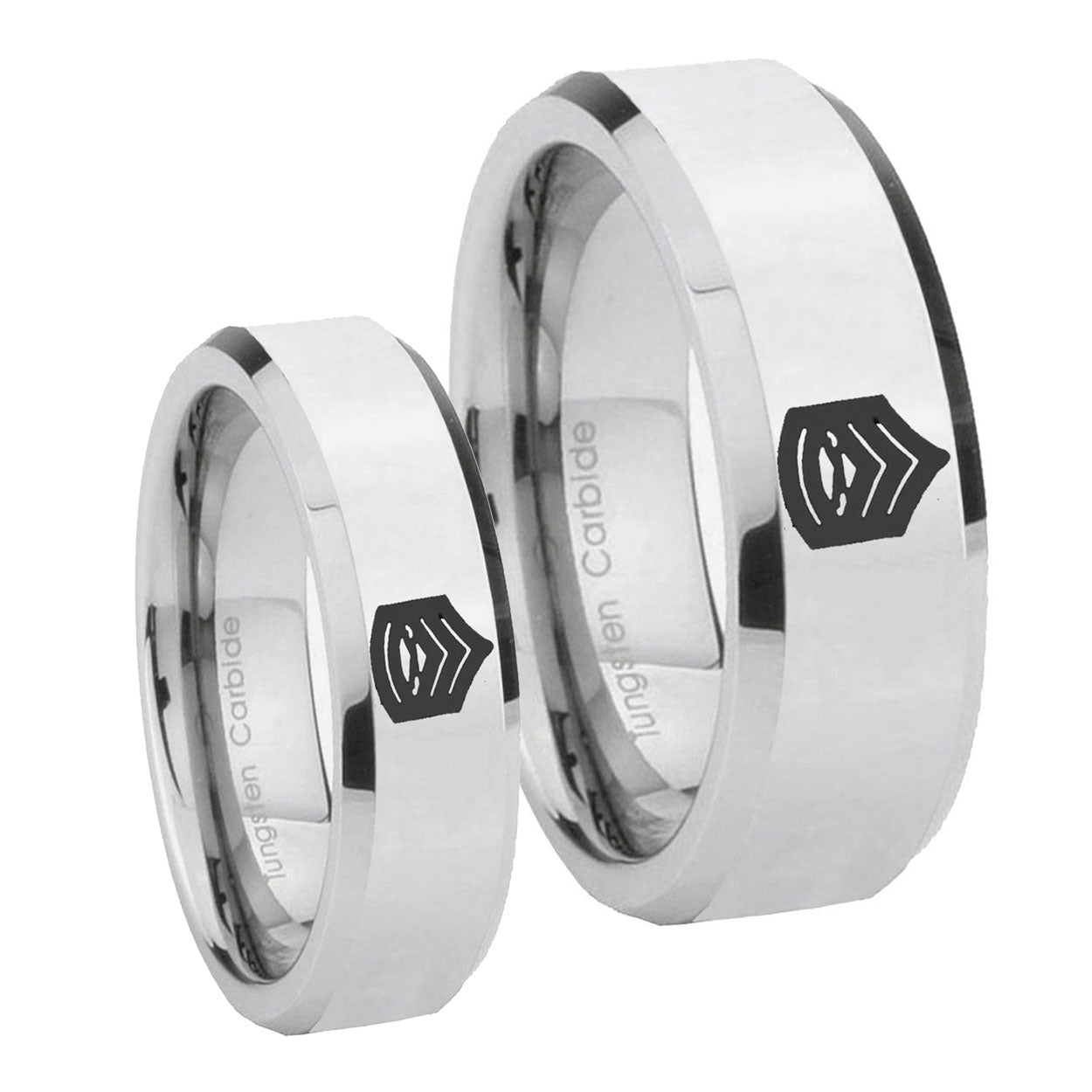 Army Sergeant Major Beveled Edges Silver Tungsten Wedding Band Set