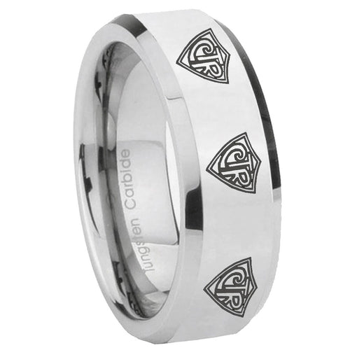 10mm Multiple CTR Beveled Edges Silver Tungsten Carbide Mens Ring Personalized