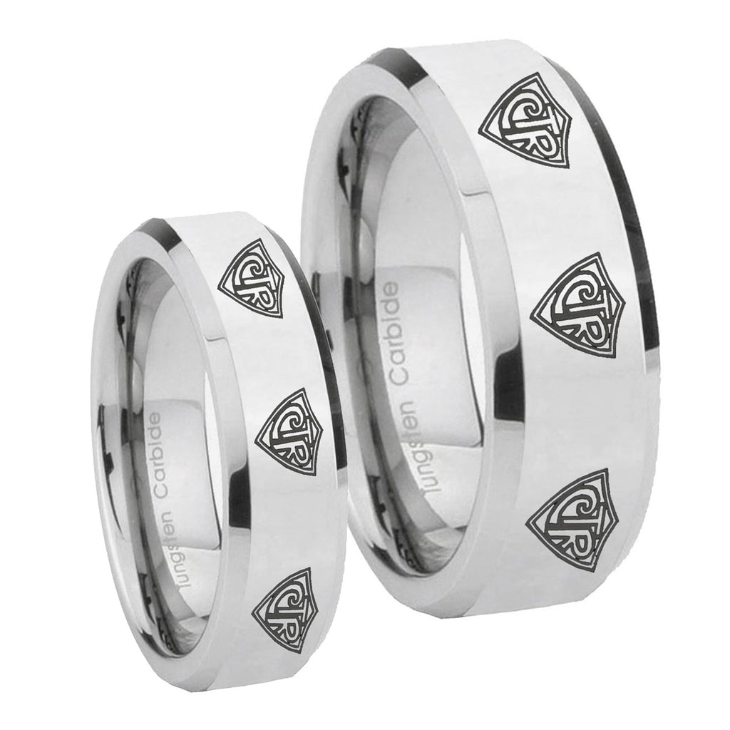 Multiple CTR Beveled Edges Silver Tungsten Engagement Ring Set