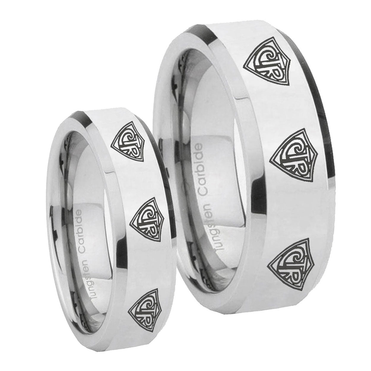 Multiple CTR Beveled Edges Silver Tungsten Engagement Ring Set