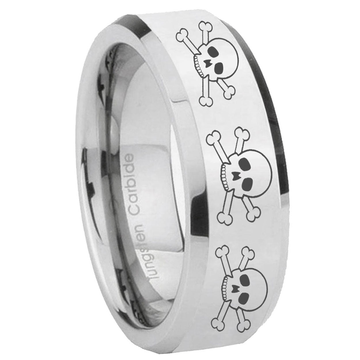8MM Multiple Skull Bevel Polish Silver Tungsten Comfort Fit Ring