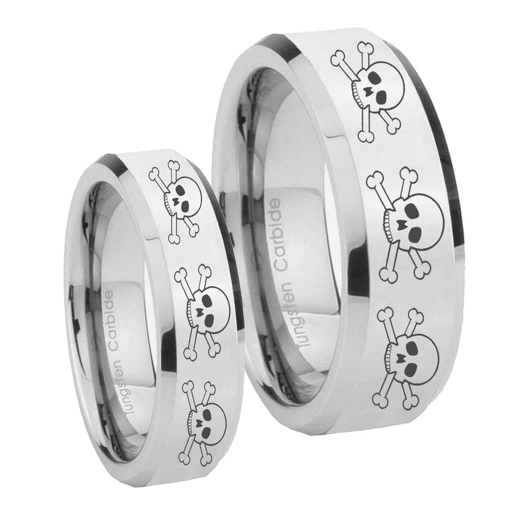 Multiple Skull Beveled Edges Silver Tungsten Matching Ring Set
