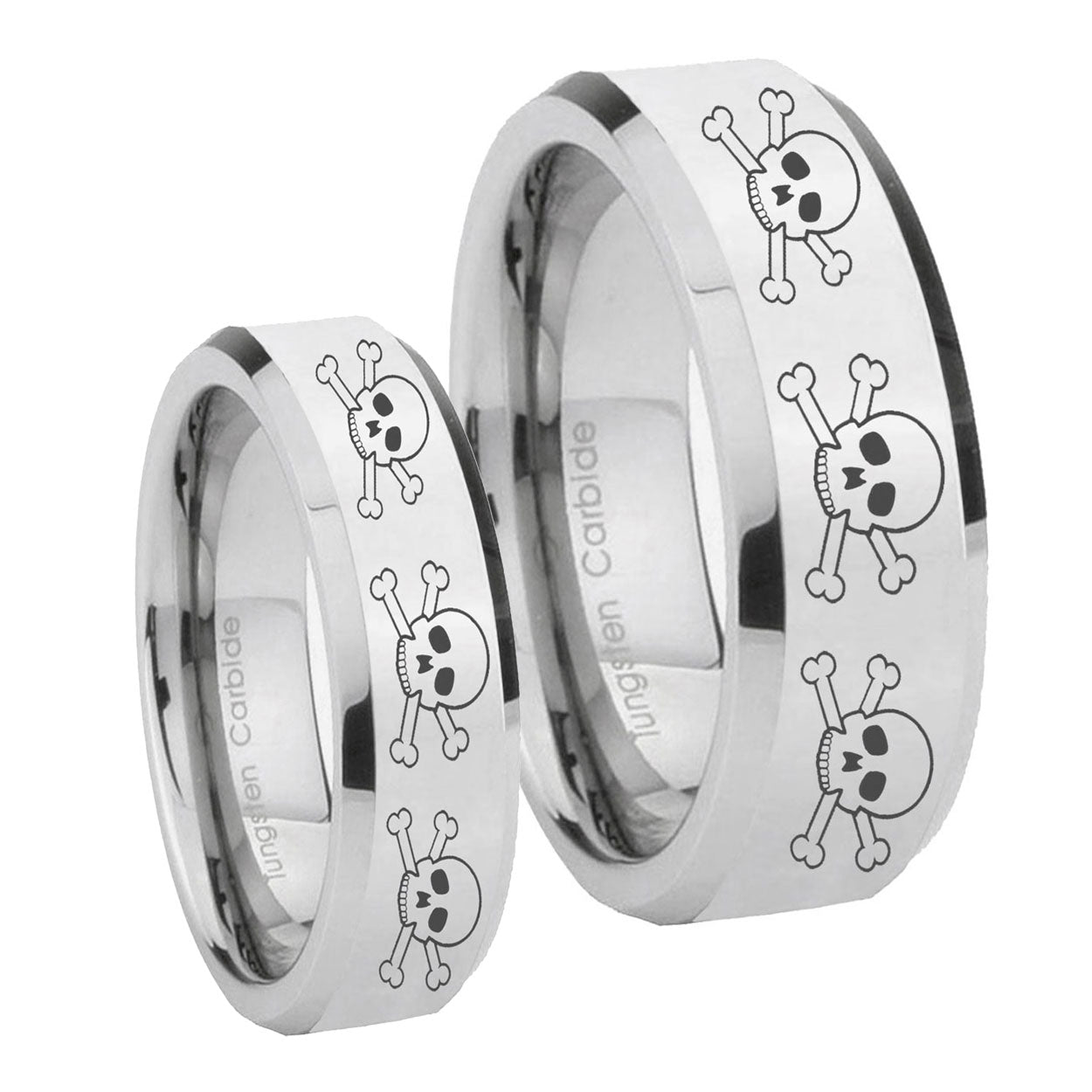 Multiple Skull Beveled Edges Silver Tungsten Matching Ring Set