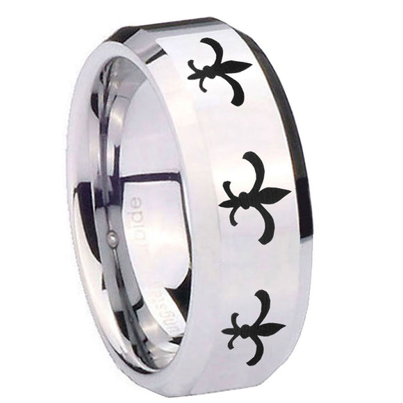 10mm-Multiple-Fleur-De-Lis-Beveled-Edges-Silver-Tungsten-Carbide-Bands-Ring