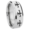 10mm Multiple Fleur Delis Beveled Edges Silver Tungsten Carbide Bands Ring