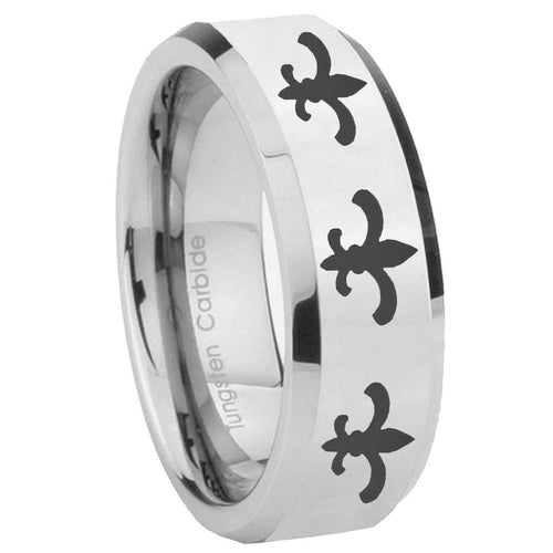 10mm Multiple Fleur Delis Beveled Edges Silver Tungsten Carbide Bands Ring