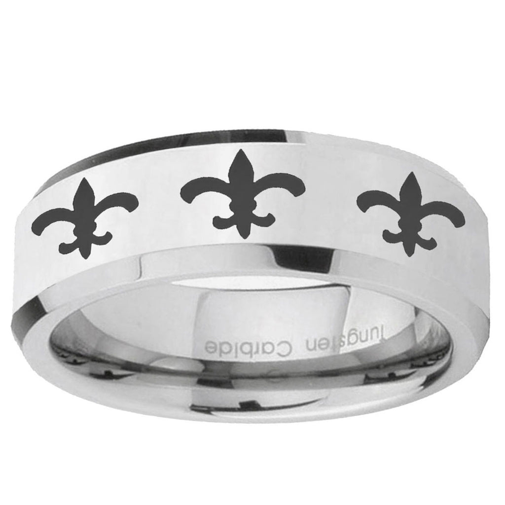 10mm Multiple Fleur-De-Lis Beveled Edge Silver Tungsten Ring