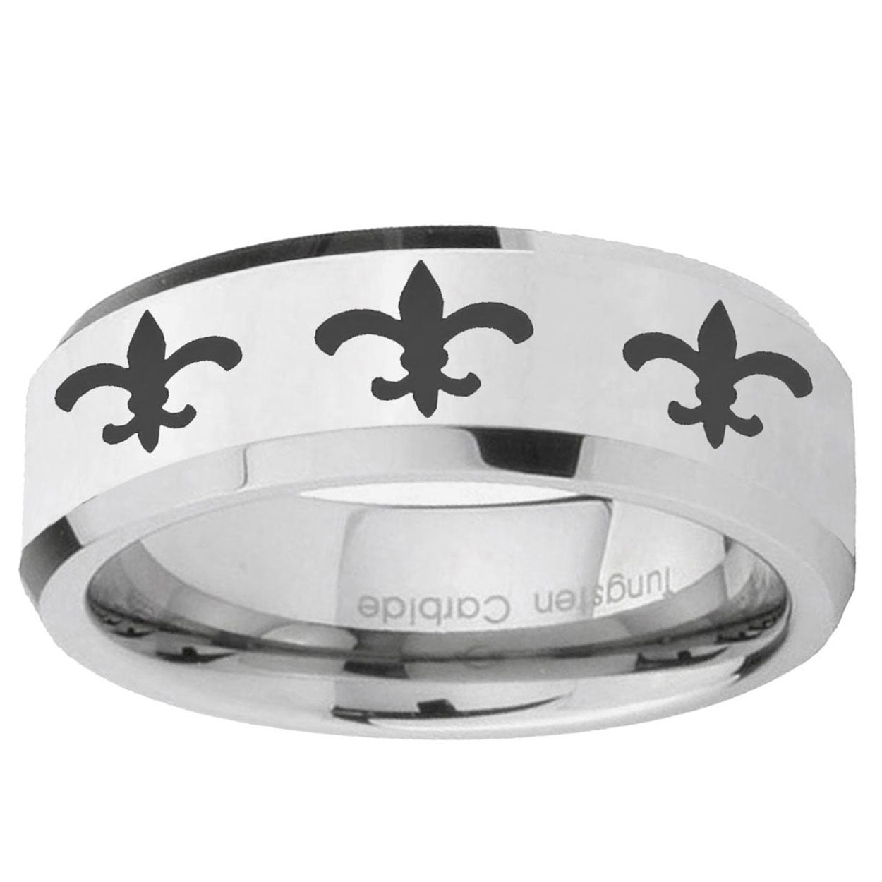 10mm Multiple Fleur-De-Lis Beveled Edge Silver Tungsten Ring