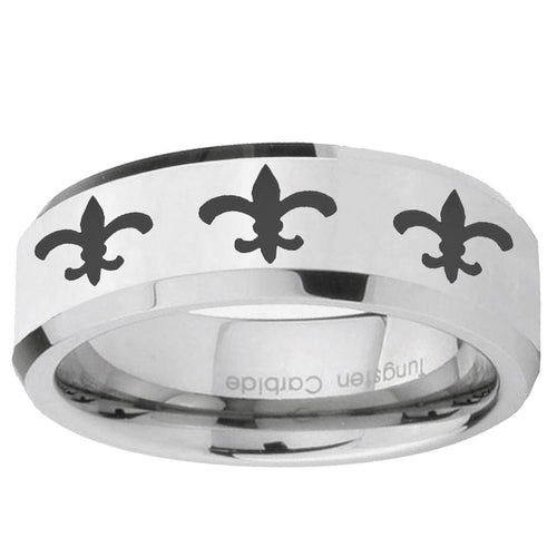 10mm Multiple Fleur-De-Lis Beveled Edge Silver Tungsten Ring