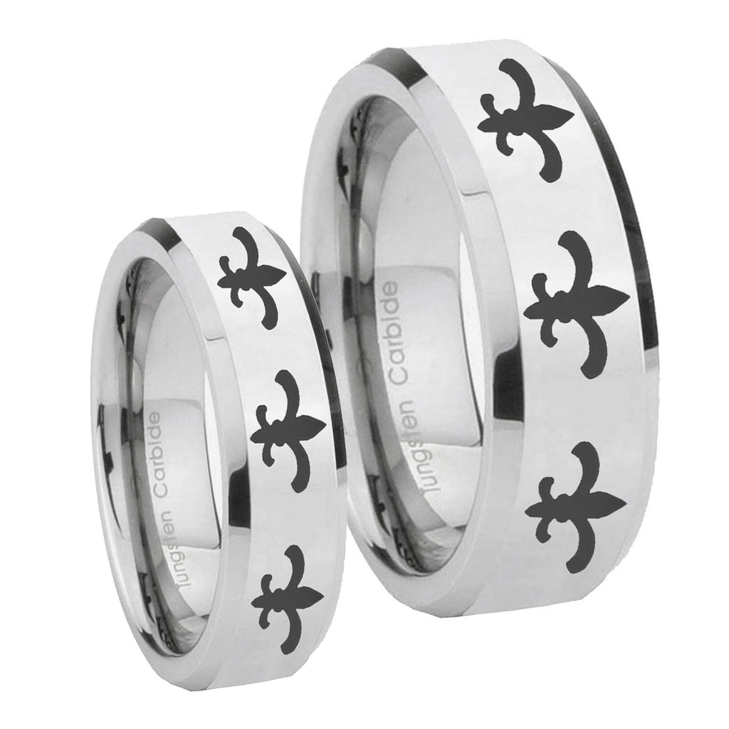 Multiple Fleur De Lis Beveled Edges Silver Tungsten Couples Ring Set