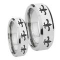 Multiple Fleur De Lis Beveled Edges Silver Tungsten Couples Ring Set