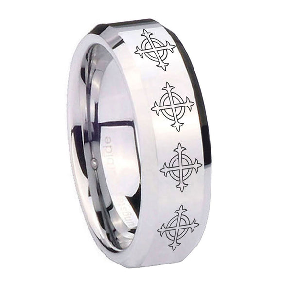 10mm-Multiple-Crosses-Beveled-Edges-Silver-Tungsten-Carbide-Custom-Mens-Ring