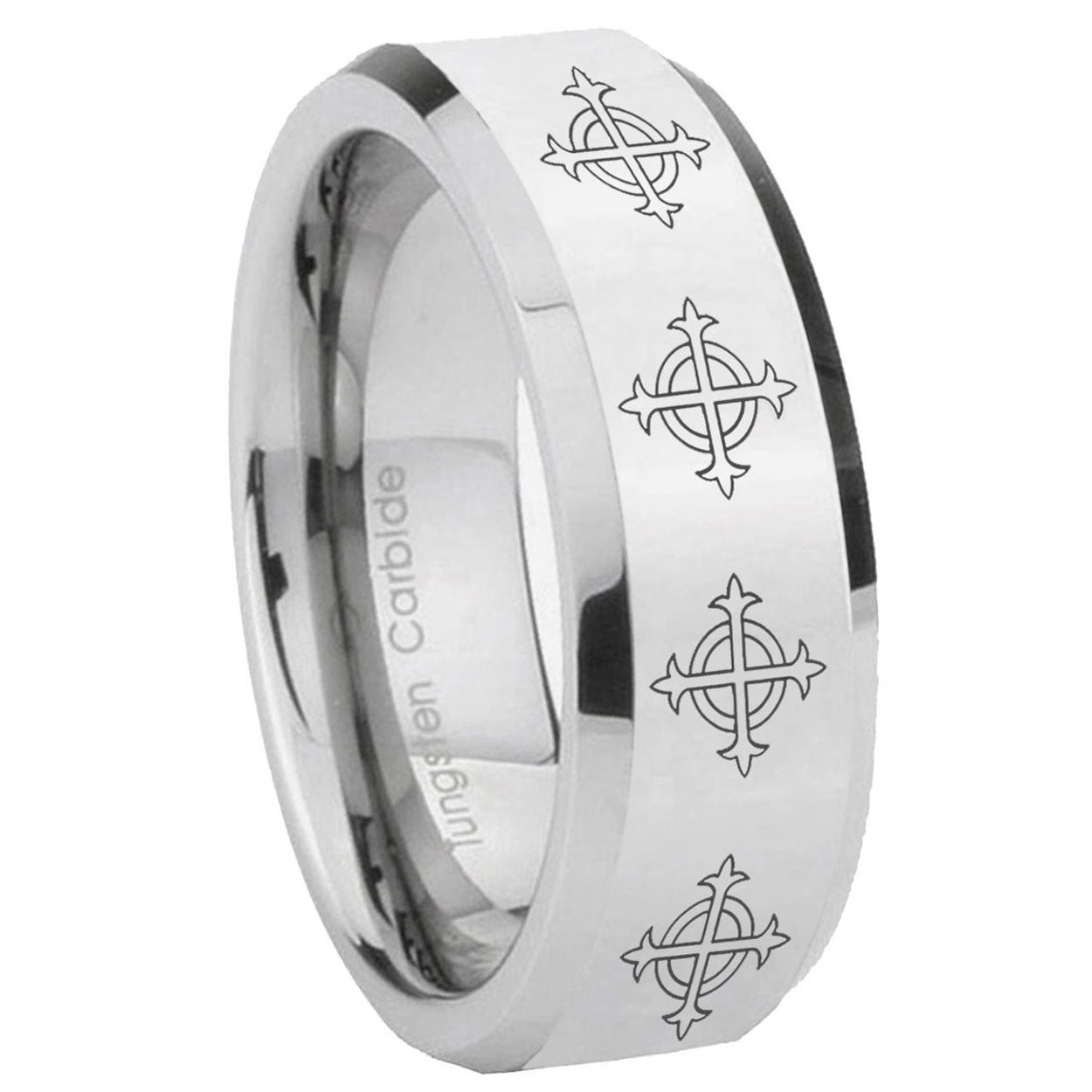 8MM Multiple Crosses Bevel Polish Silver Tungsten Male Wedding Band