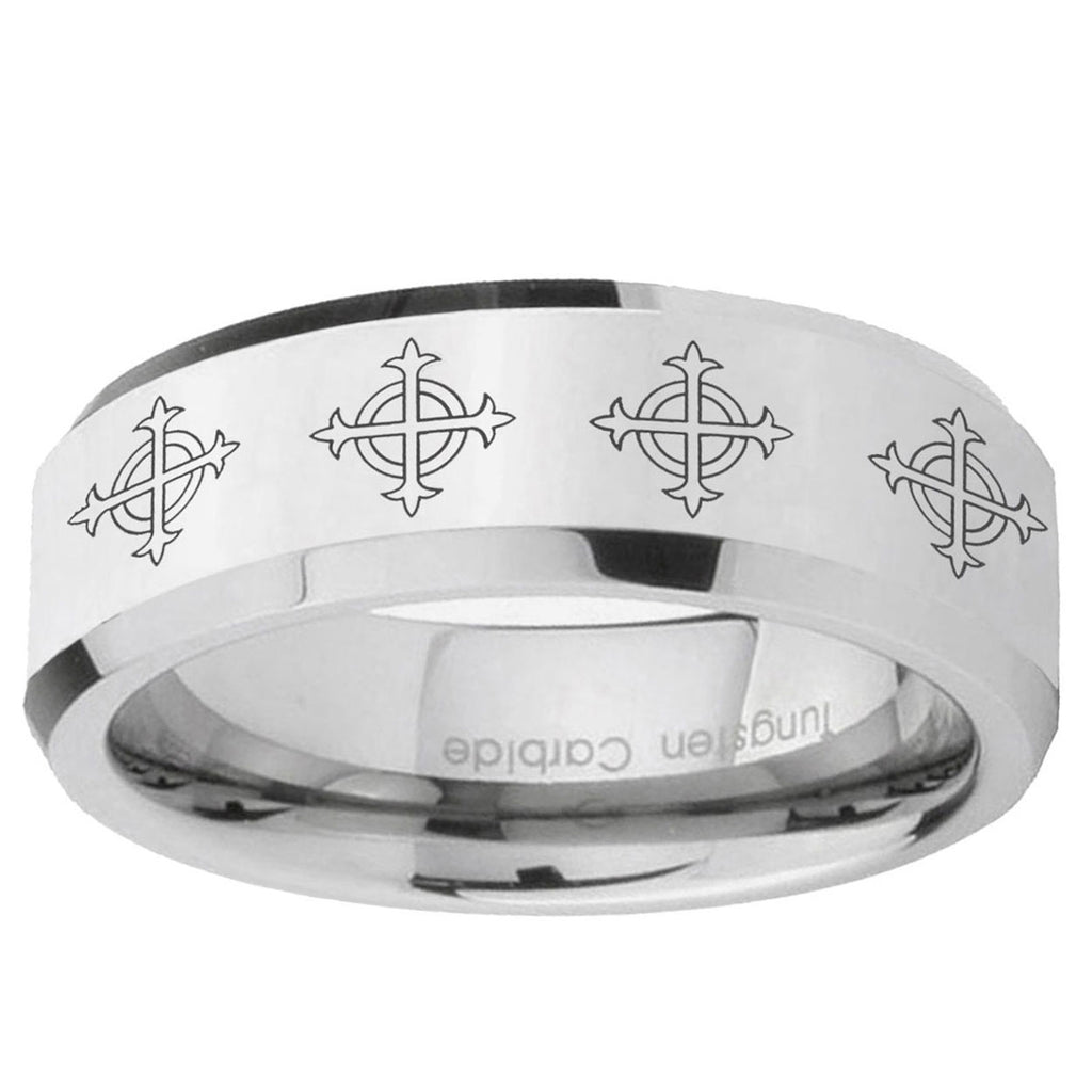 10mm Multiple Crosses Beveled Edge Silver Tungsten Ring