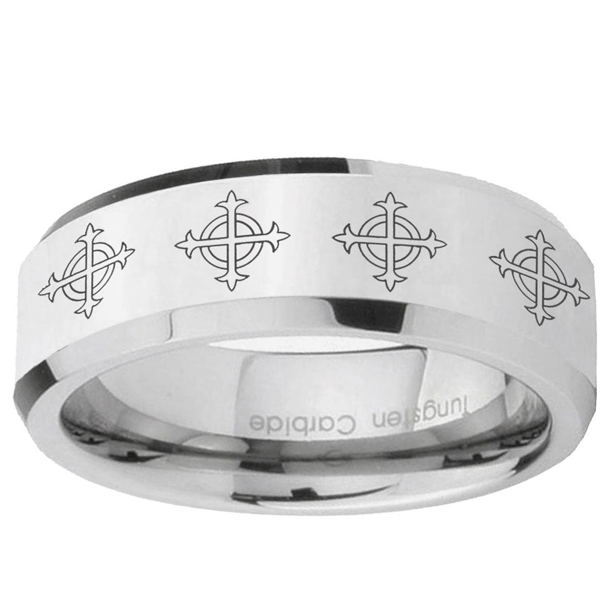 10mm Multiple Crosses Beveled Edge Silver Tungsten Ring