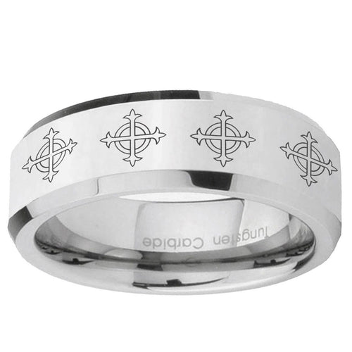 10mm Multiple Crosses Beveled Edge Silver Tungsten Ring