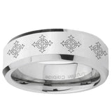 5, 8mm Multiple Crosses Beveled Edge Silver Tungsten Ring