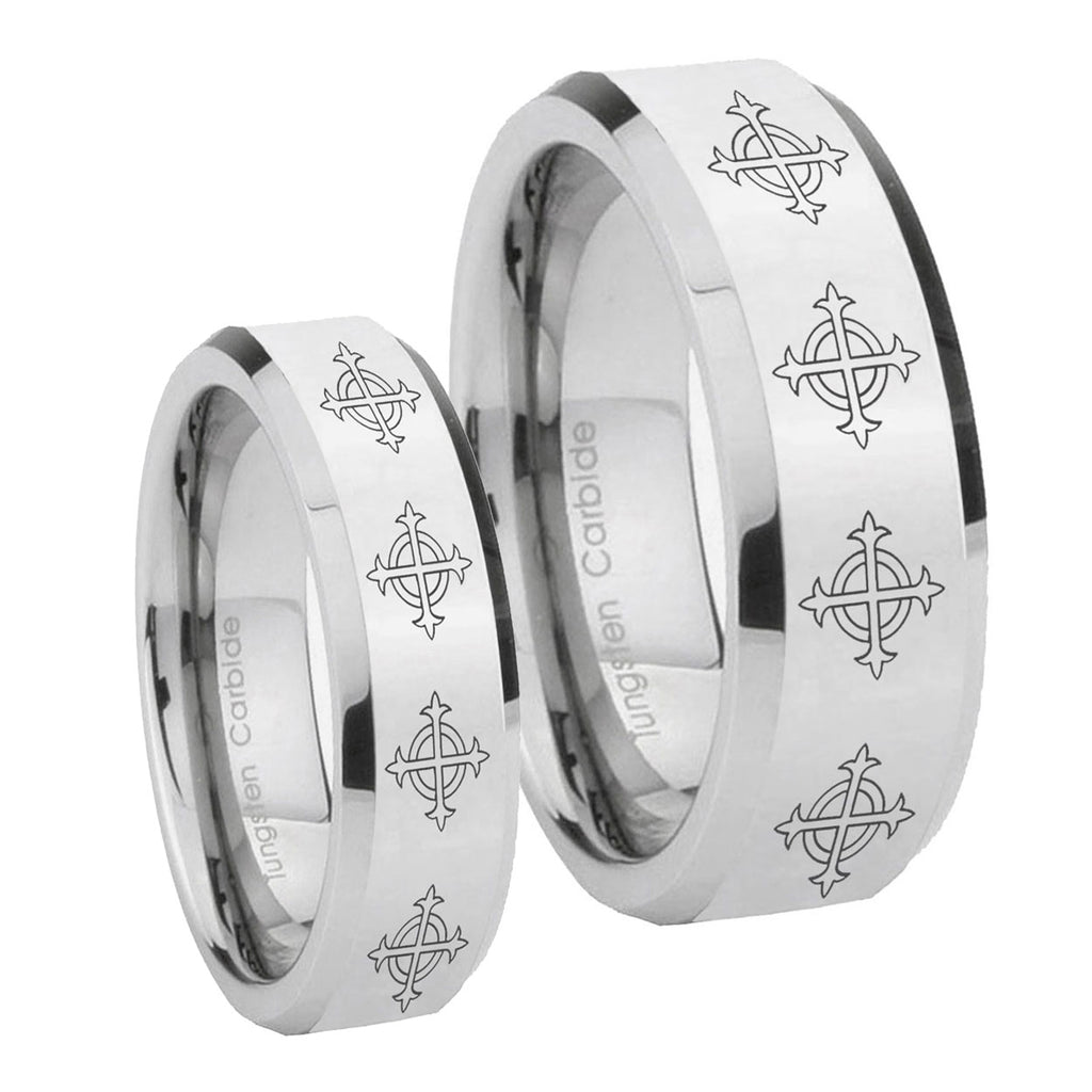 Multiple Crosses Beveled Edges Silver Tungsten Couple Rings