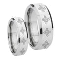 Multiple Crosses Beveled Edges Silver Tungsten Couple Rings