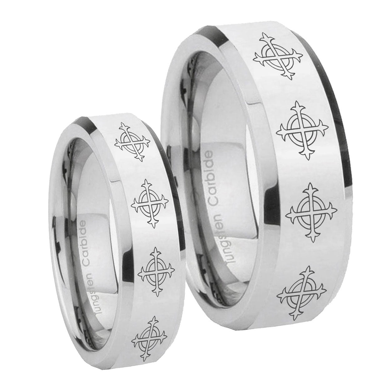 Multiple Crosses Beveled Edges Silver Tungsten Couple Rings