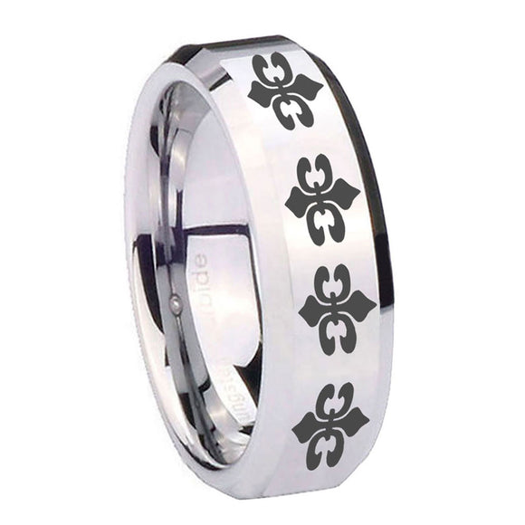 10mm-Multiple-Fleur-De-Lis-Beveled-Edges-Silver-Tungsten-Mens-Engagement-Band