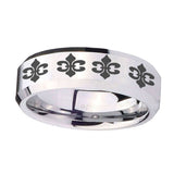 10mm-Multiple-Fleur-De-Lis-Beveled-Edges-Silver-Tungsten-Mens-Engagement-Band