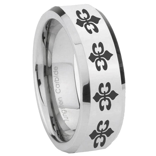 10mm Multiple Fleur Delis Beveled Edges Silver Tungsten Mens Engagement Band