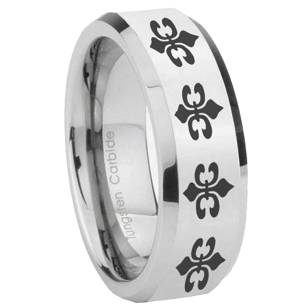 8MM Multiple Fleur Delis Bevel Polish Silver Tungsten Band For Men