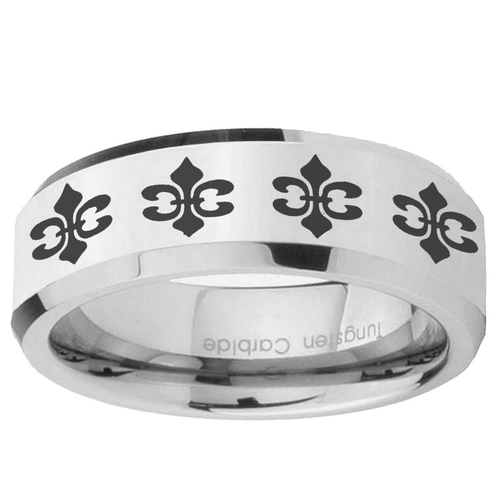 10mm Multiple Fleur-De-Lis Beveled Edge Silver Tungsten Ring