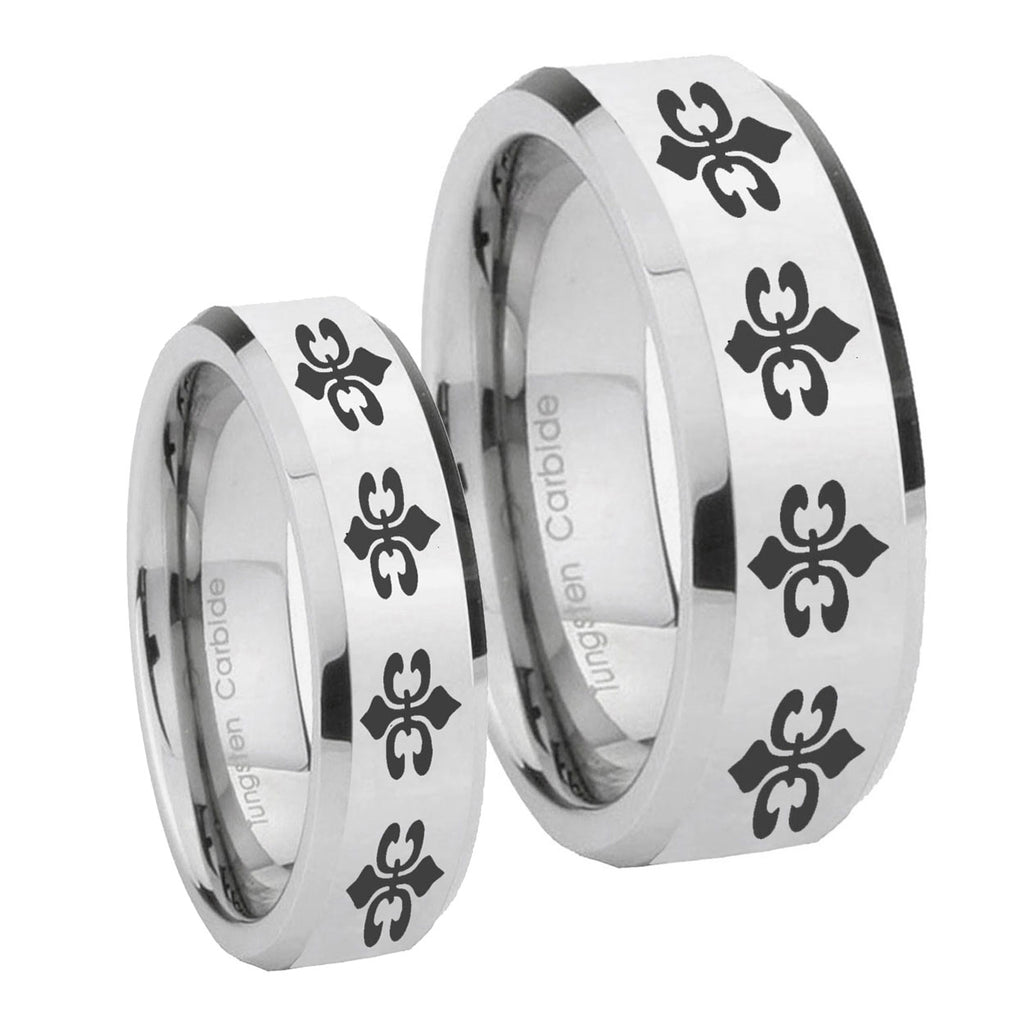 Multiple Fleur De Lis Beveled Edges Silver Tungsten Matching Ring Set