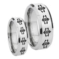 Multiple Fleur De Lis Beveled Edges Silver Tungsten Matching Ring Set