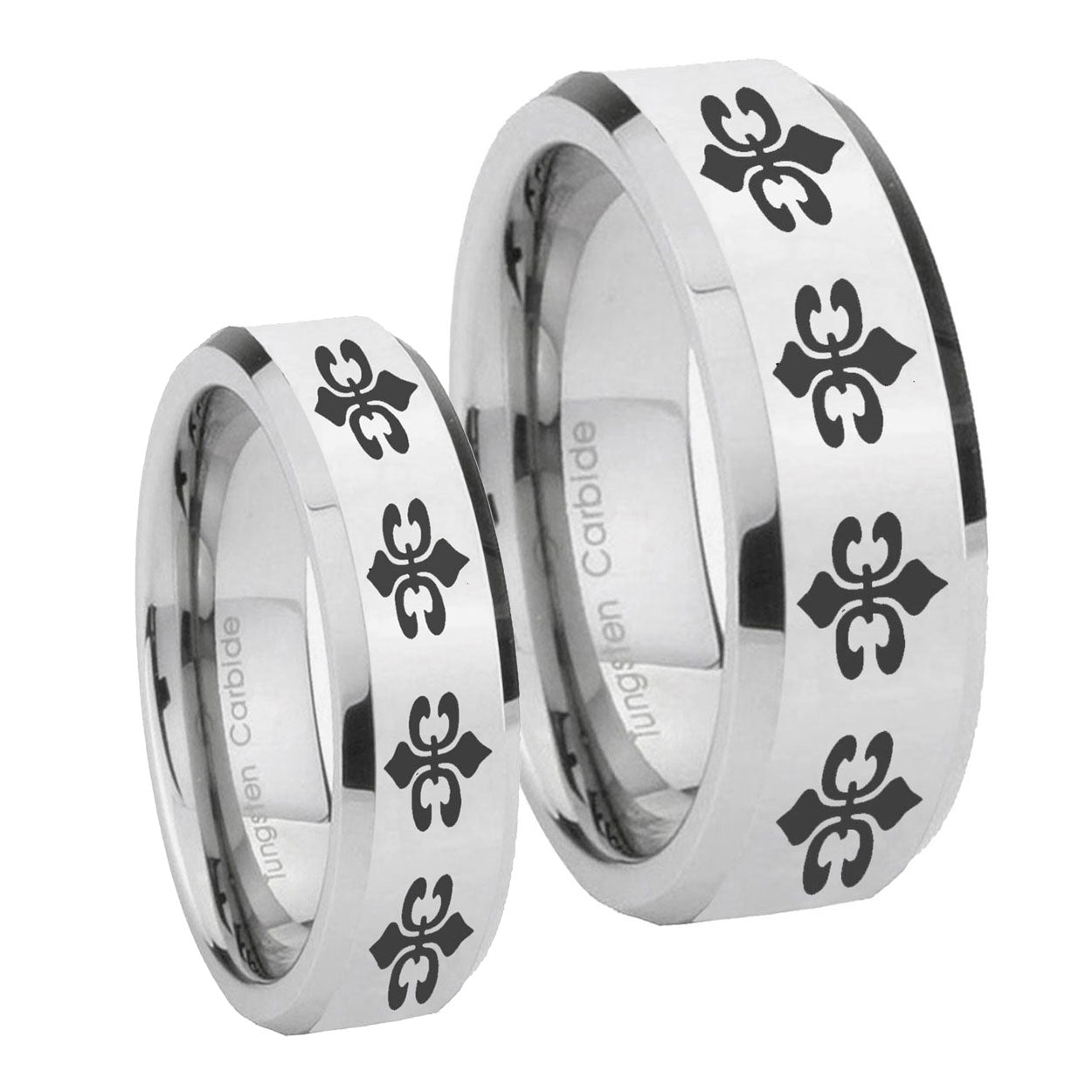 Multiple Fleur De Lis Beveled Edges Silver Tungsten Matching Ring Set