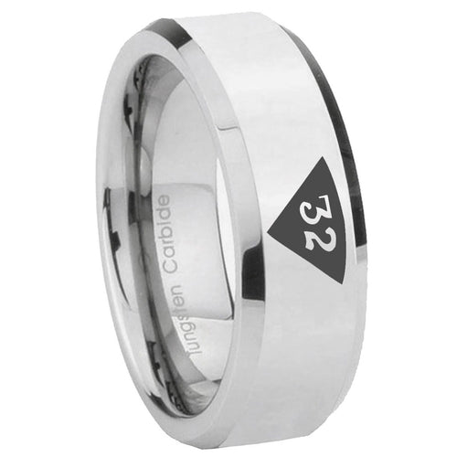 10mm Masonic 32 Triangle Design Freemason Beveled Edges Silver Tungsten Carbide Rings for Men
