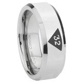 8mm Masonic 32 Triangle Design Freemason Beveled Edges Silver Tungsten Carbide Mens Anniversary Ring