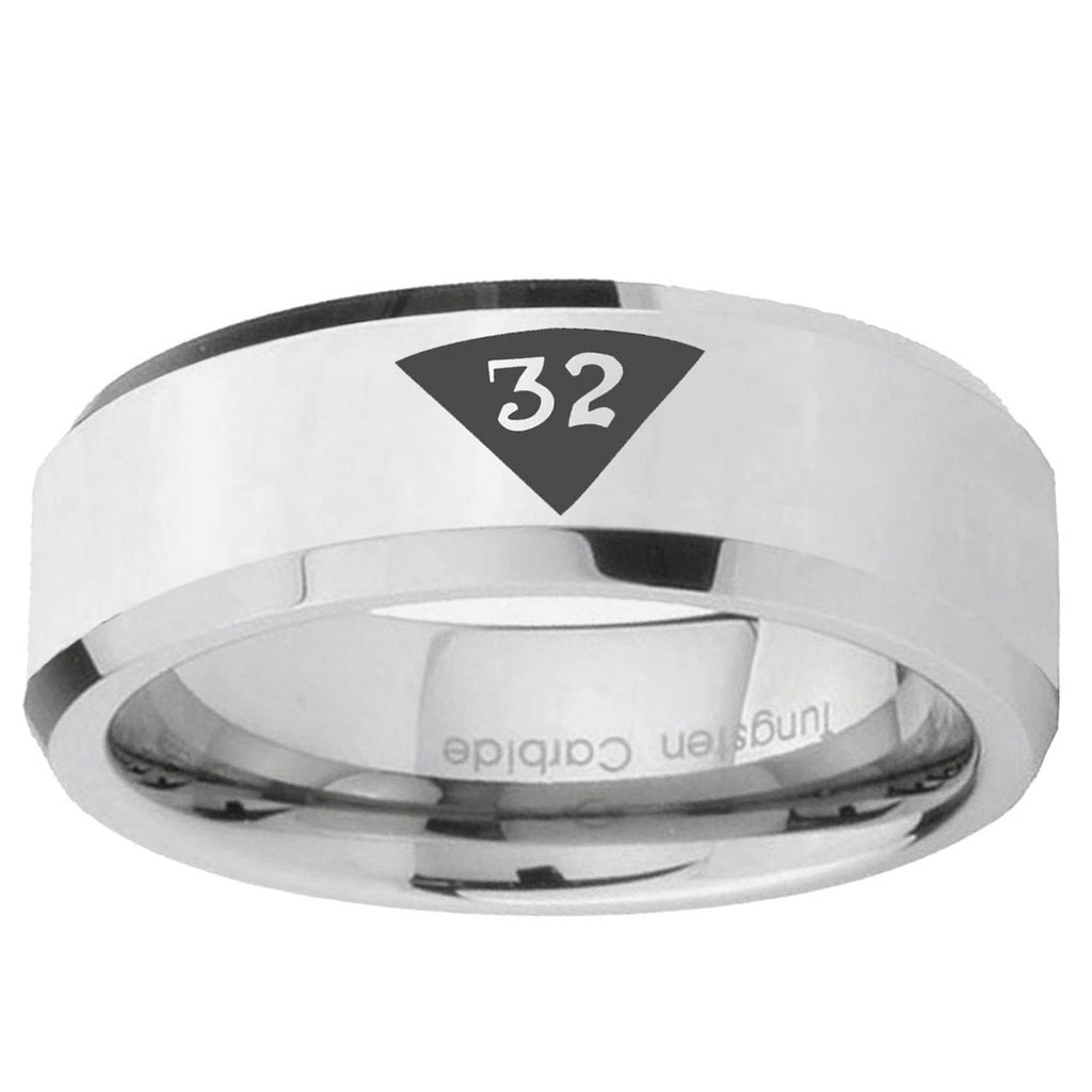 10mm Masonic 32 Triangle Design Freemason Beveled Edge Silver Tungsten Ring