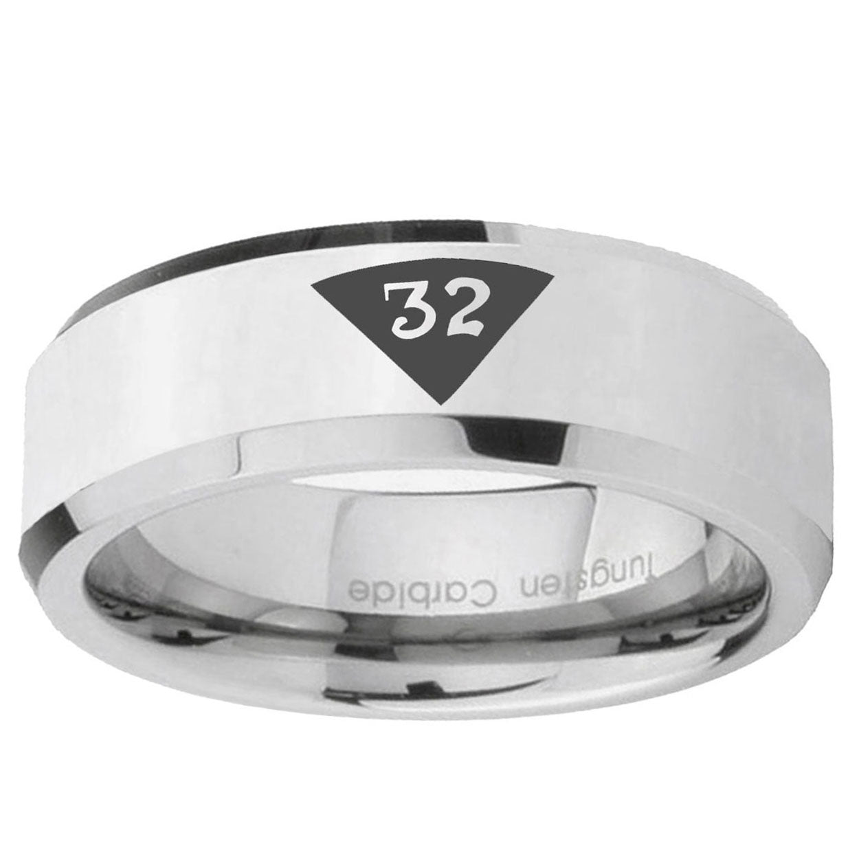 10mm Masonic 32 Triangle Design Freemason Beveled Edge Silver Tungsten Ring