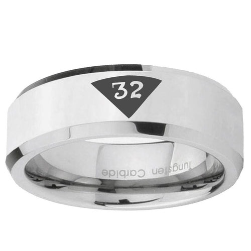 10mm Masonic 32 Triangle Design Freemason Beveled Edge Silver Tungsten Ring