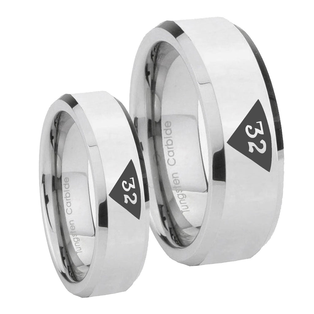Masonic 32 Triangle Design Freemason Beveled Edges Silver Tungsten Couple Wedding Bands