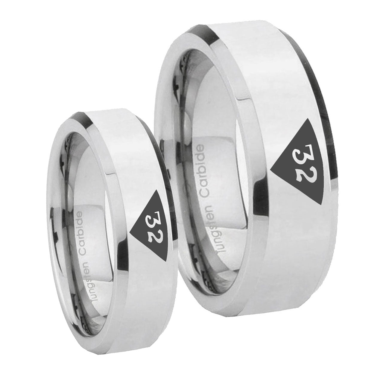 Masonic 32 Triangle Design Freemason Beveled Edges Silver Tungsten Couple Wedding Bands