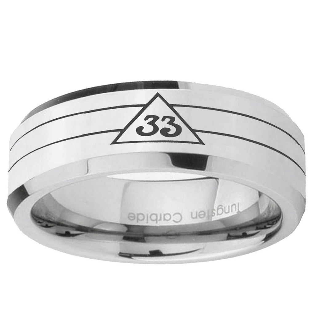 10mm Masonic 32 Duo Line Freemason Beveled Edge Silver Tungsten Ring