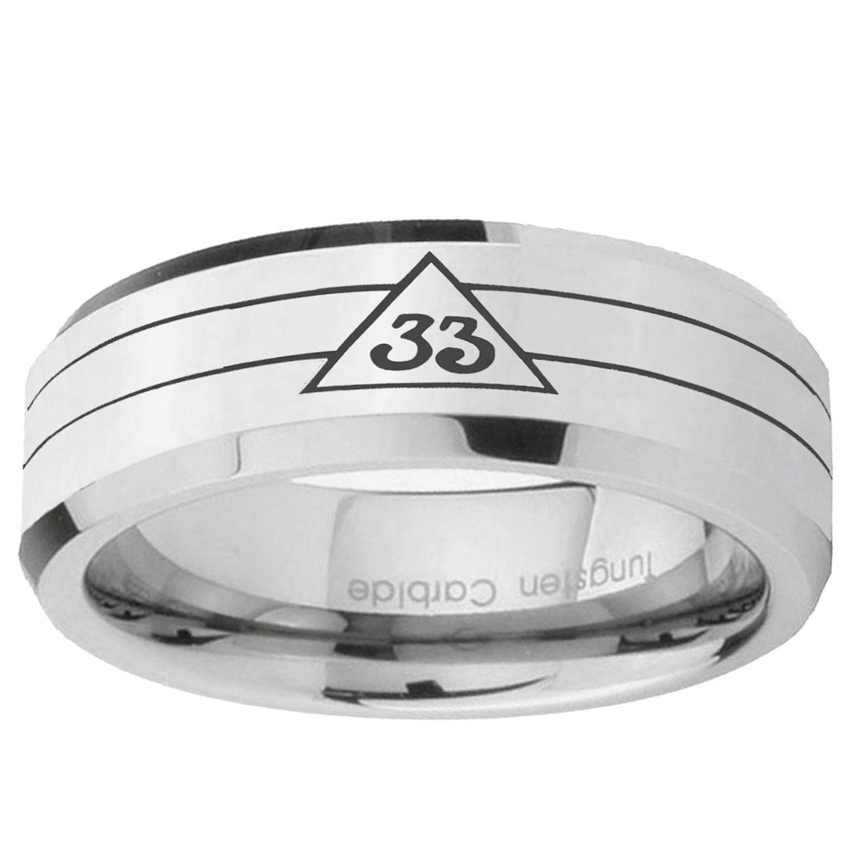 10mm Masonic 32 Duo Line Freemason Beveled Edge Silver Tungsten Ring