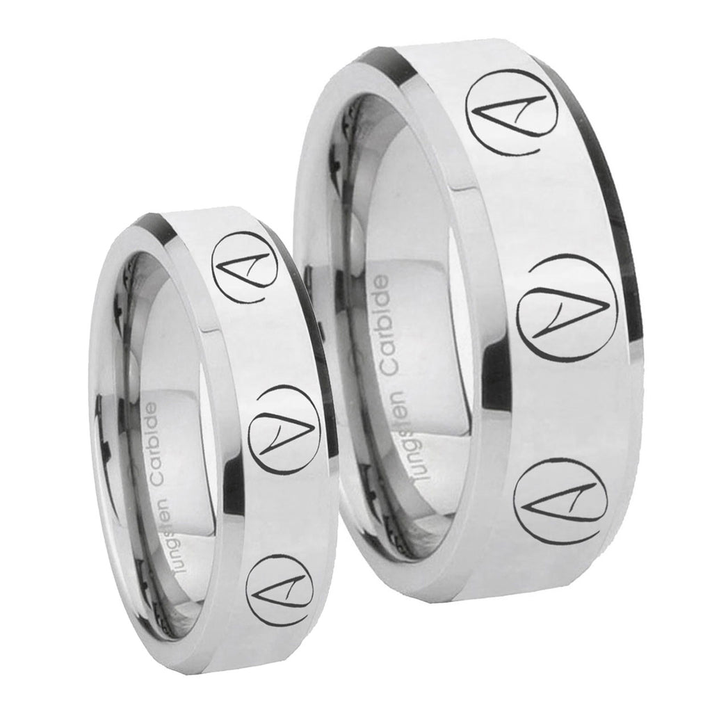 Atheist Design Beveled Silver Tungsten His Hers Set Rings