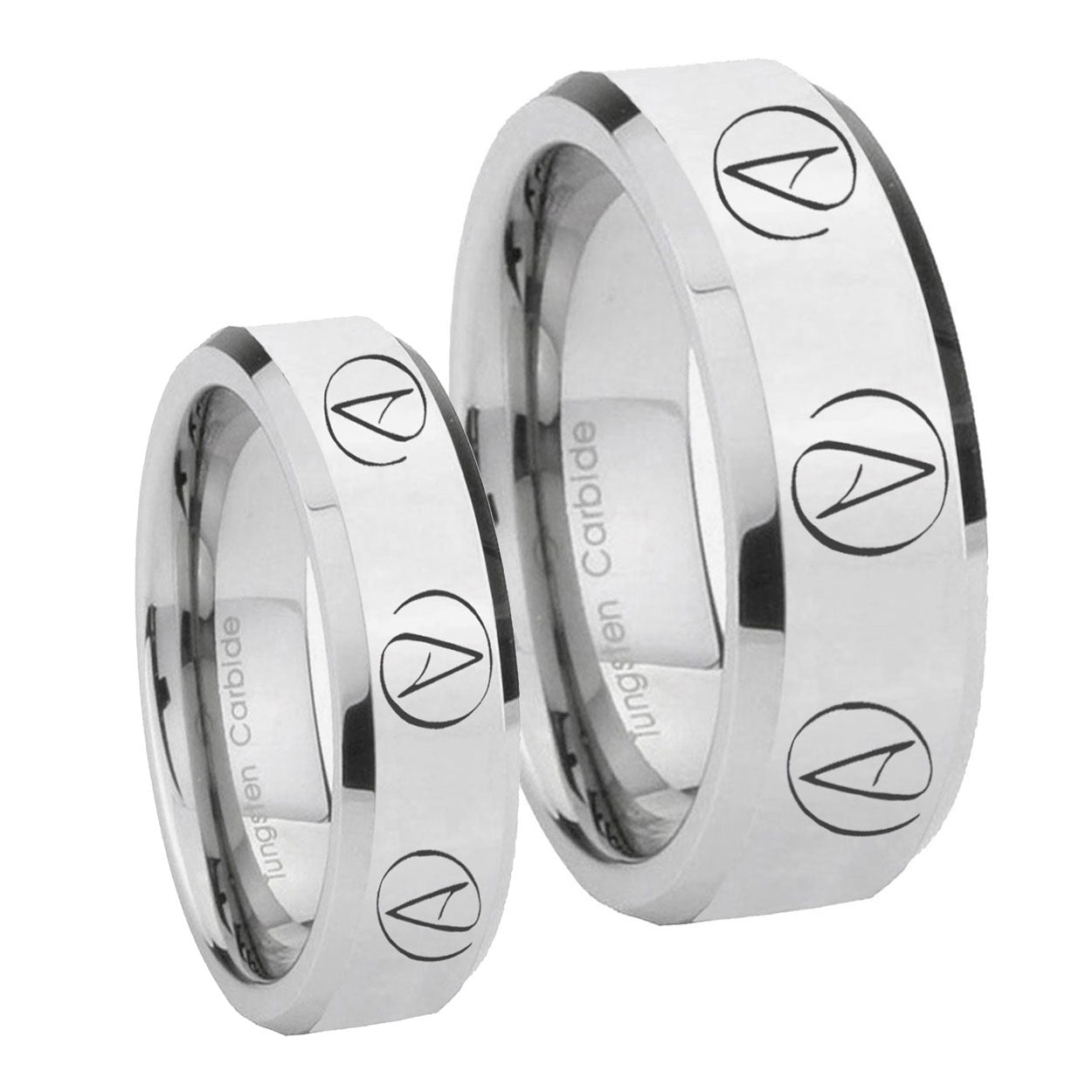 Atheist Design Beveled Silver Tungsten His Hers Set Rings