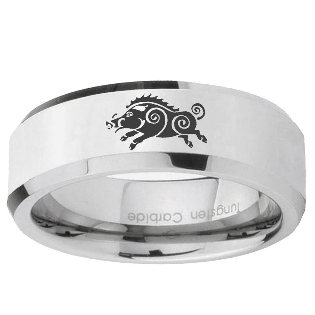 10mm Wild Boar Beveled Edge Silver Tungsten Ring