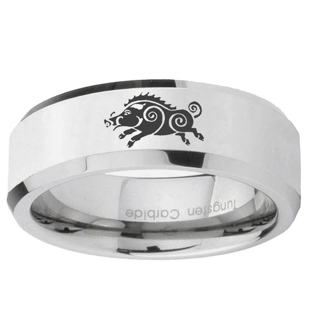 10mm Wild Boar Beveled Edge Silver Tungsten Ring