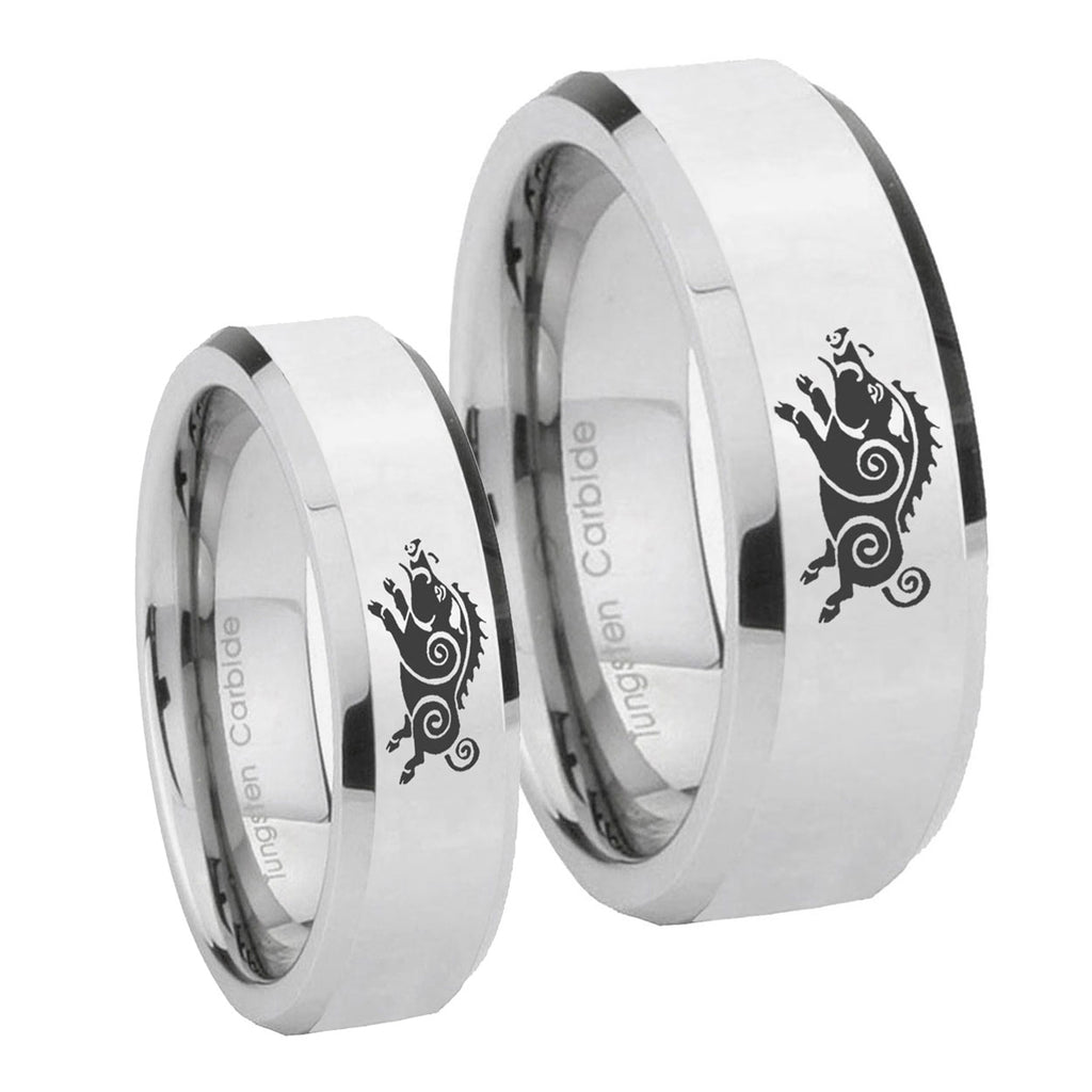 Wild Boar Beveled Edges Silver Tungsten Bridal Ring Set