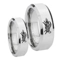Wild Boar Beveled Edges Silver Tungsten Bridal Ring Set