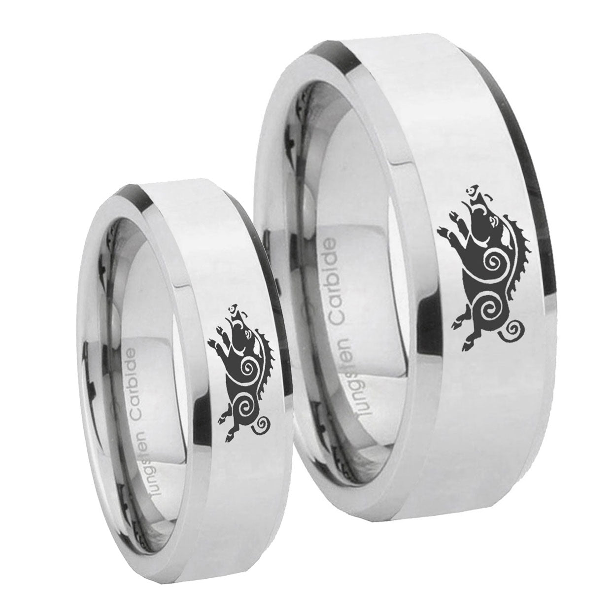 Wild Boar Beveled Edges Silver Tungsten Bridal Ring Set