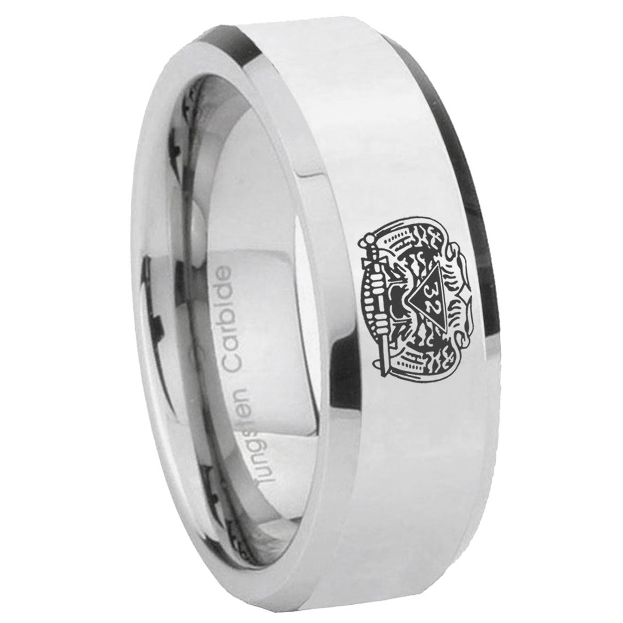10mm Masonic 32 Degree Freemason Beveled Edges Silver Tungsten Carbide Rings for Men